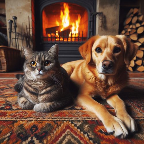 Un chien et un chien devant la cheminée